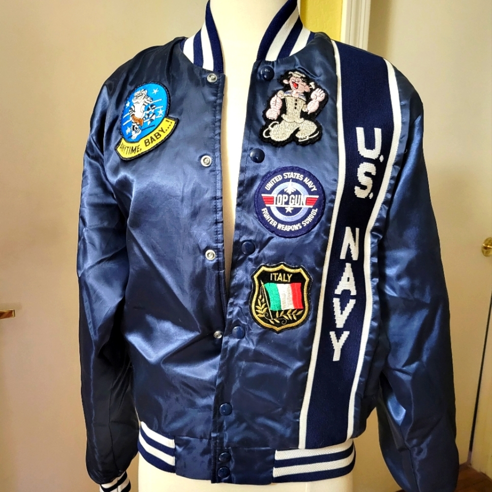 Vintage U.S. Navy Satin Bomber Jacket "Coolest Jacket" Navy Aviator Bomber sz Sm